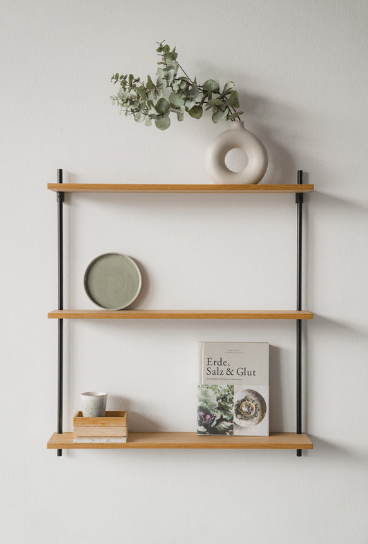 Floating oak hanging wall shelf — KUUDU modular shelving system for living room and bedroom