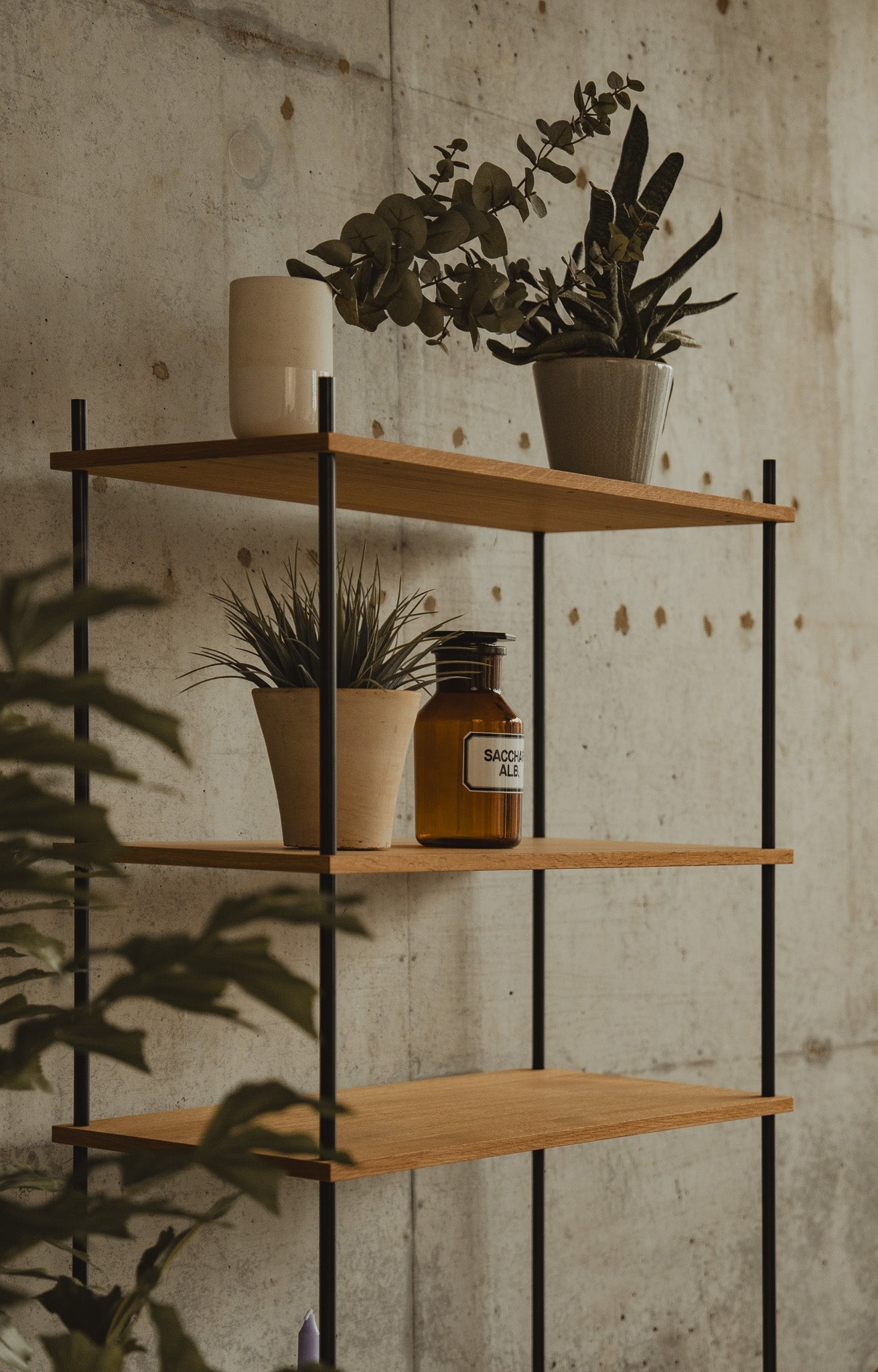 Compact Vertical Display Shelf for Small Spaces - KUUDU Modular Shelving System - Oak