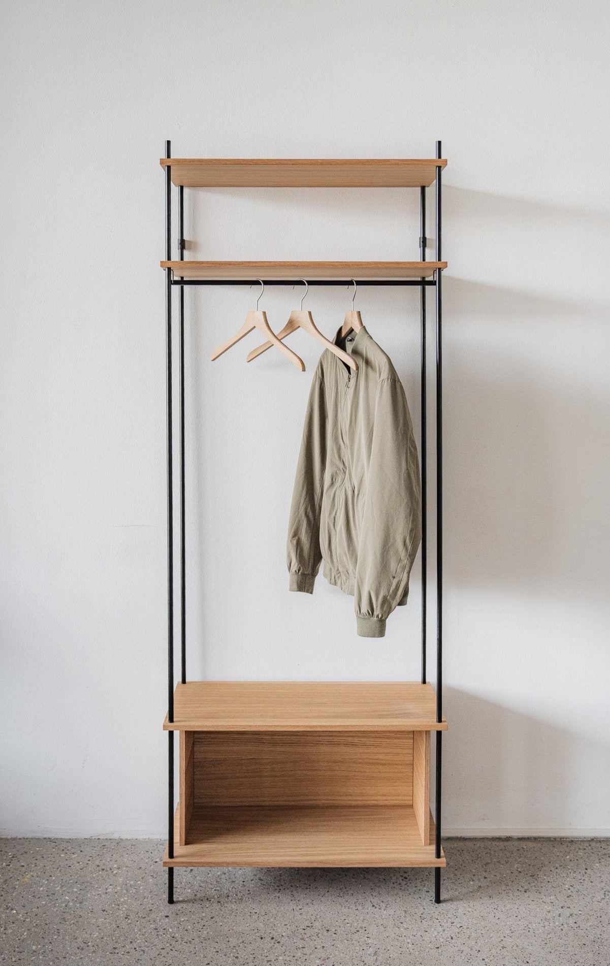 Tall standing oak wardrobe for entryways and narrow hallways — KUUDU modular shelving system