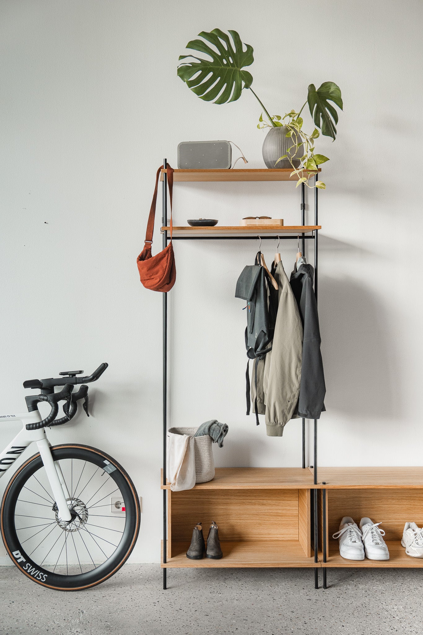 Wardrobe with Shoe Bench & Integrated Coat Rack - KUUDU Modular Shelving System - Oak