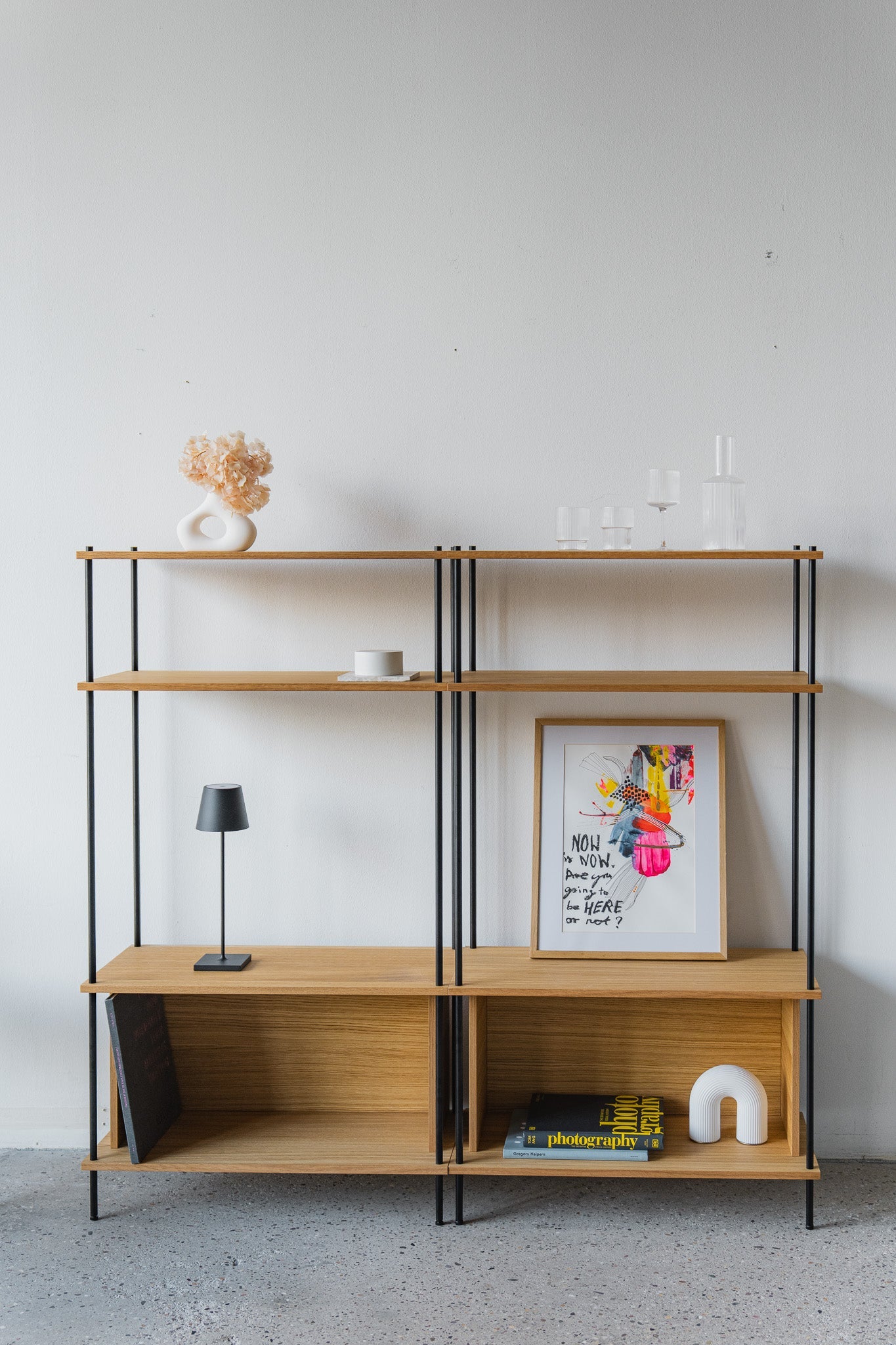 Wide Double-Section Sideboard with Open Storage - KUUDU Modular Shelving System - Oak
