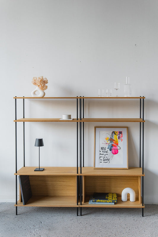 Wide Double-Section Sideboard with Open Storage - KUUDU Modular Shelving System - Oak