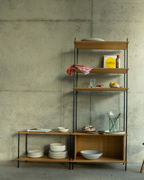 Oak Standing Shelf 180 cm — Asymmetric Double Section (L3H1)